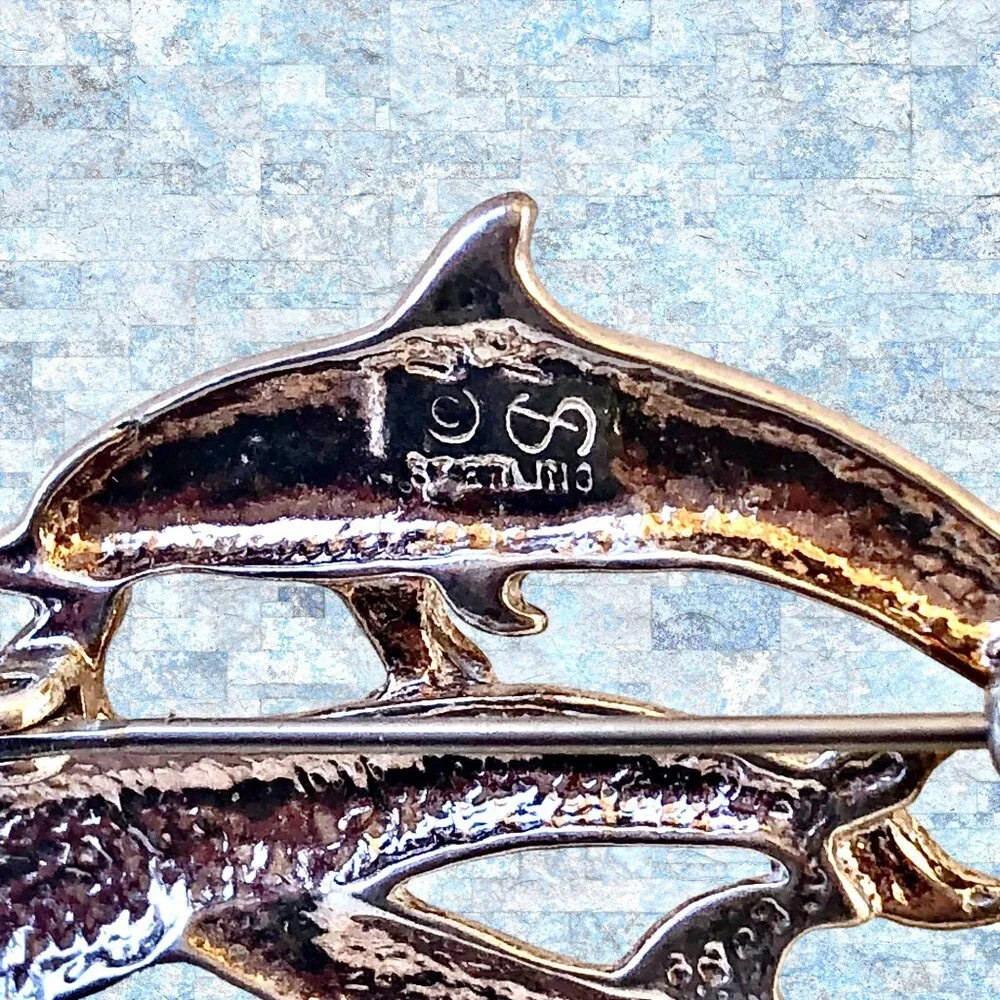 Sterling Silver 925 Dolphin Pin Brooch 3 Playful Dolphins Signed